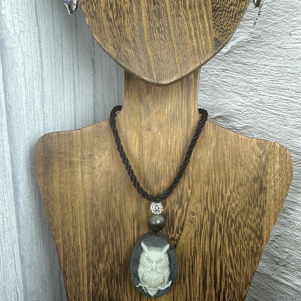 Tai Chi Stone Owl Pendant Necklace on Black Adjustable Rope - Picture 8 of 9